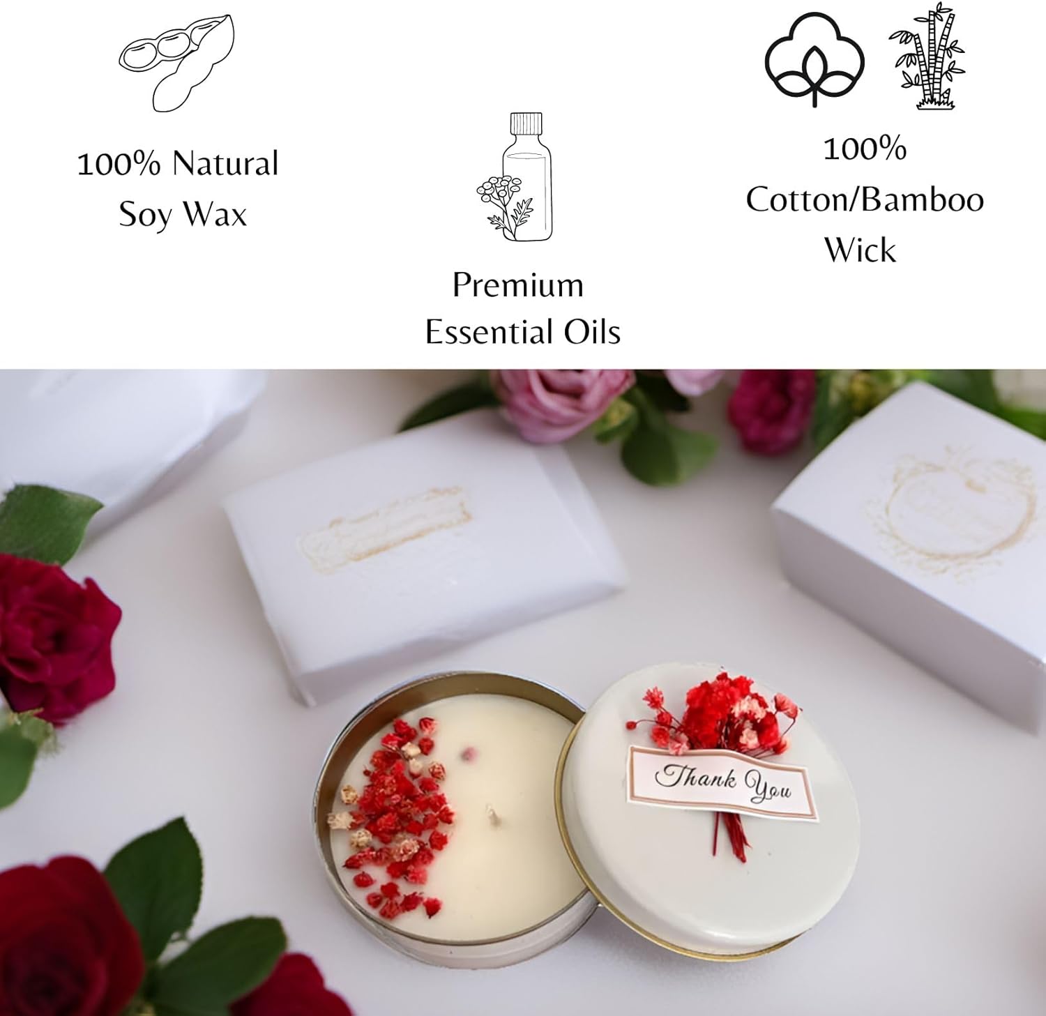 Personalized Natural Soy Wax Wedding Favor Candle Gift Set for Guest - Fall Winter Christmas Custom Dried Flower Bridal Baby Shower Gifts in Bulk (100 Pieces, White Flower)