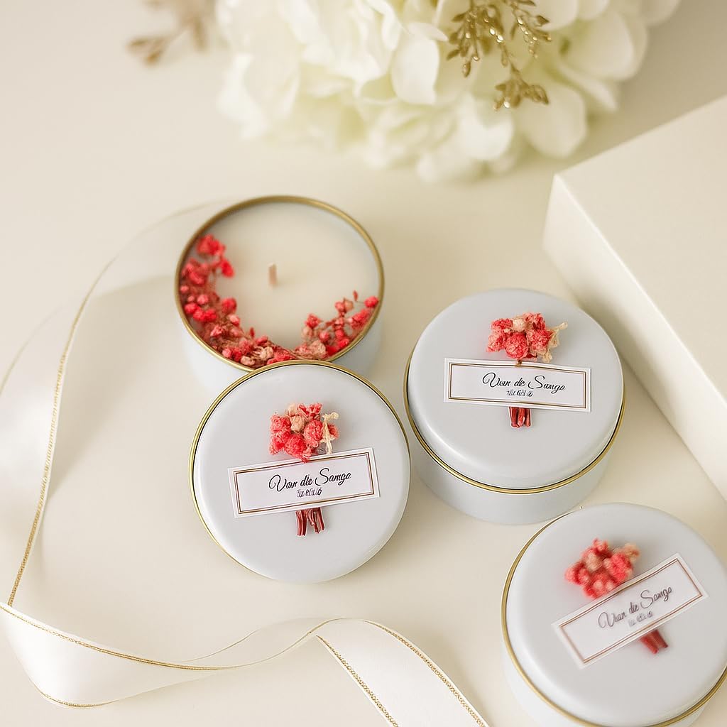 Personalized Natural Soy Wax Wedding Favor Candle Gift Set for Guest - Fall Winter Christmas Custom Dried Flower Bridal Baby Shower Gifts in Bulk (10 Pieces, Pink Flower)