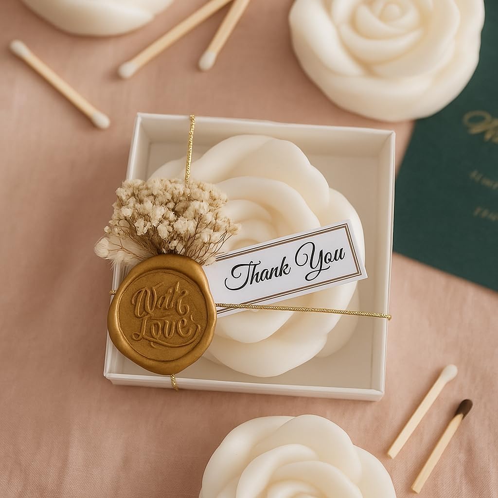 White Rose Petal Soy Wax Candles in Bulk - Scented Wedding Favor, Bridal Shower Baby Shower Birthday Gift - Dried Flower, Wax Stamp (90 Pieces)