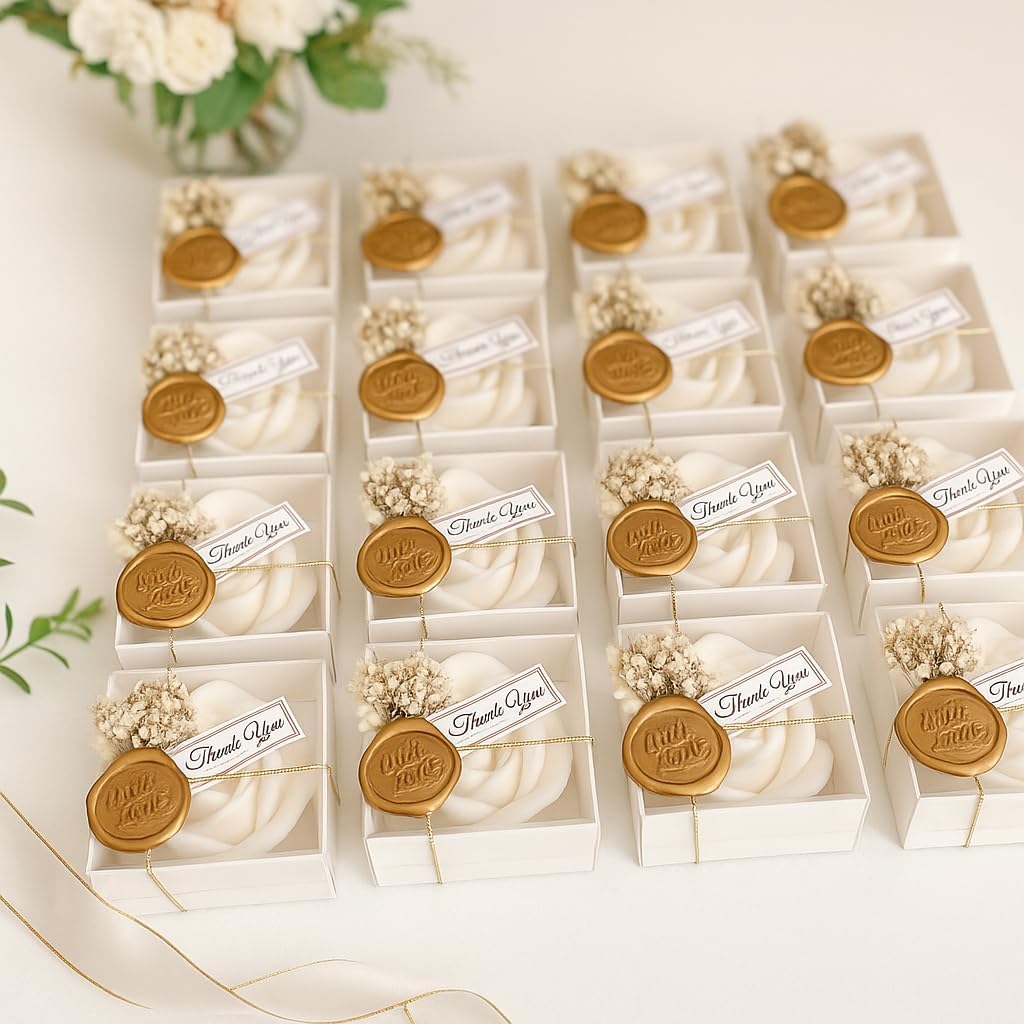 White Rose Petal Soy Wax Candles in Bulk - Scented Wedding Favor, Bridal Shower Baby Shower Birthday Gift - Dried Flower, Wax Stamp (30 Pieces)
