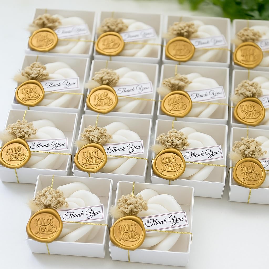 White Rose Petal Soy Wax Candles in Bulk - Scented Wedding Favor, Bridal Shower Baby Shower Birthday Gift - Dried Flower, Wax Stamp (30 Pieces)