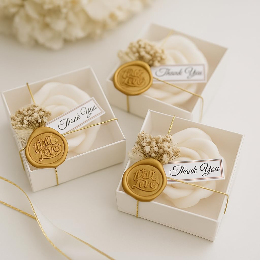 White Rose Petal Soy Wax Candles in Bulk - Scented Wedding Favor, Bridal Shower Baby Shower Birthday Gift - Dried Flower, Wax Stamp (50 Pieces)