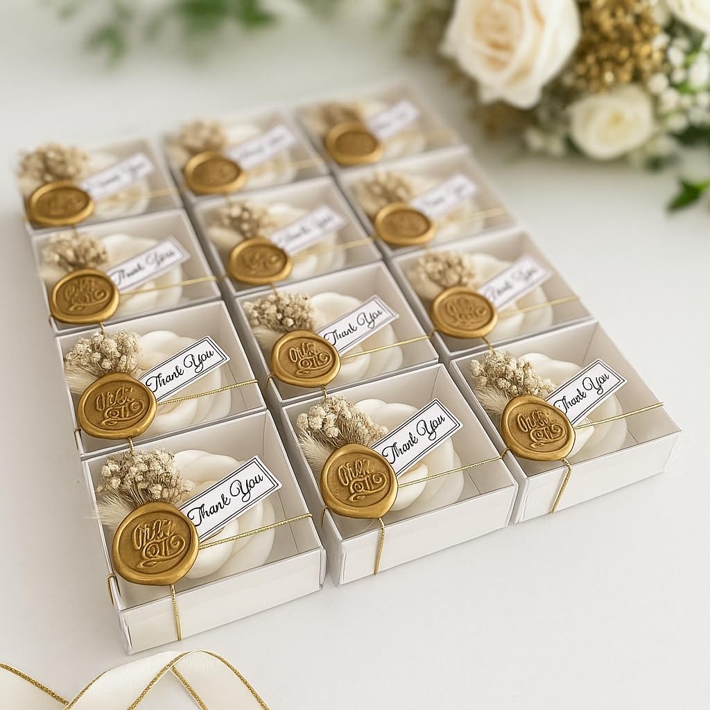 White Rose Petal Soy Wax Candles in Bulk - Scented Wedding Favor, Bridal Shower Baby Shower Birthday Gift - Dried Flower, Wax Stamp (50 Pieces)