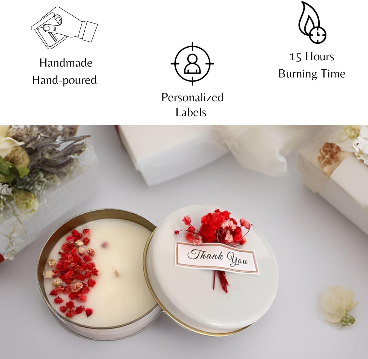 Personalized Natural Soy Wax Wedding Favor Candle Gift Set for Guest - Fall Winter Christmas Custom Dried Flower Bridal Baby Shower Gifts in Bulk (50 Pieces, White Flower)