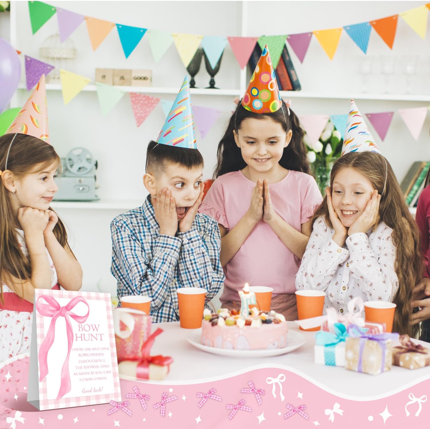 Pink Bow Baby Shower Decorations, Girl's Baby Shower with 50PCS Pink Bow Cards Kids' Party, Birthday Party Decorations, Party Favor & Decorations