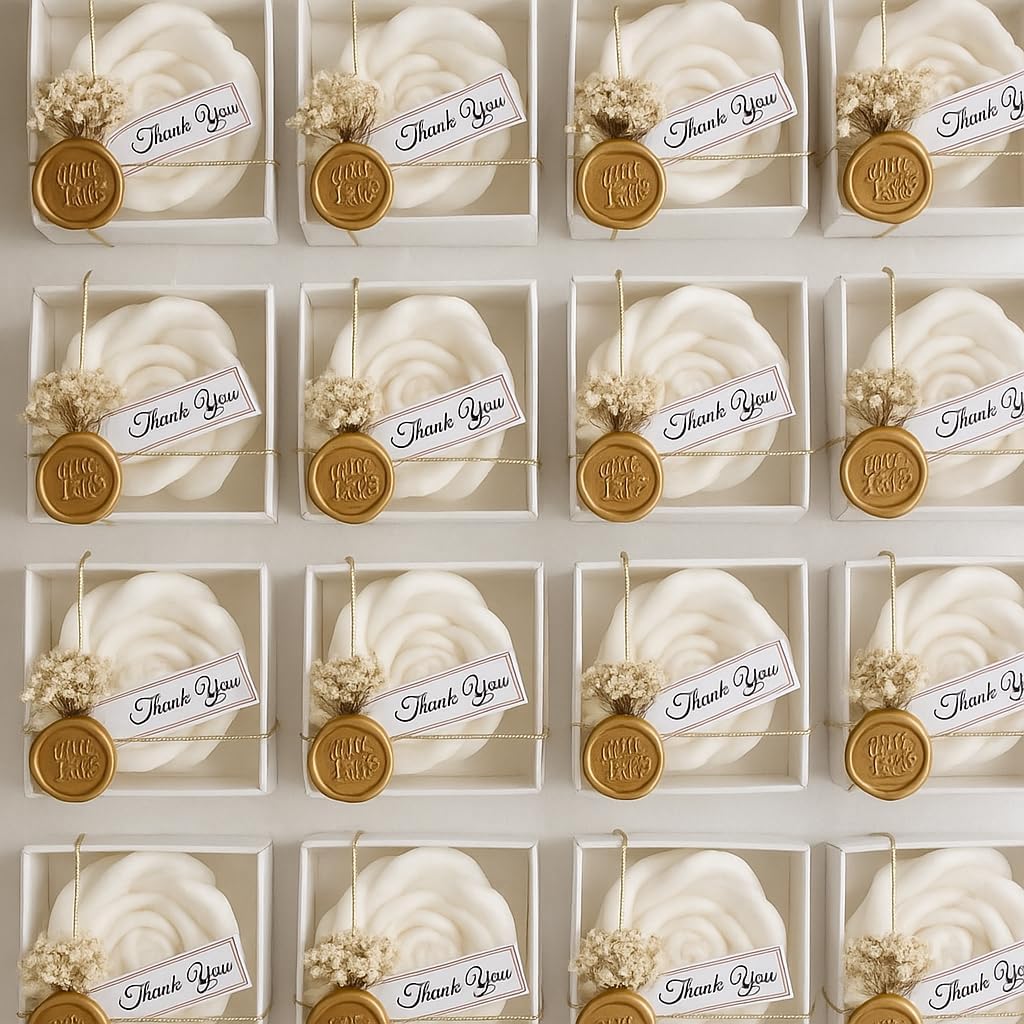 White Rose Petal Soy Wax Candles in Bulk - Scented Wedding Favor, Bridal Shower Baby Shower Birthday Gift - Dried Flower, Wax Stamp (30 Pieces)