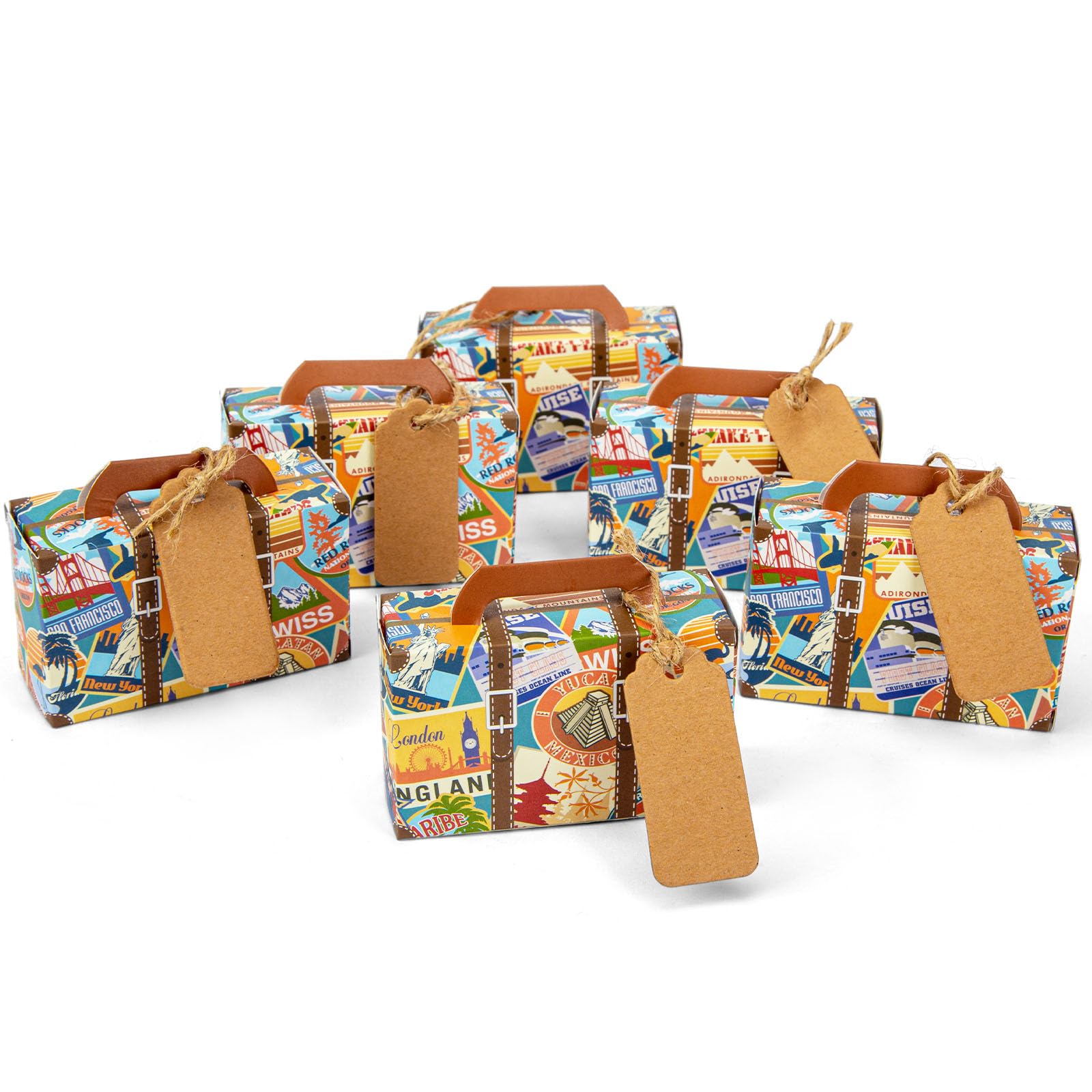 VGOODALL 50PCS Mini Suitcase Party Favor Box, 3"x2"x1.2" Little Luggage Candy Box with Tags for Travel Themed Party, Bridal Shower, Wedding Decorations