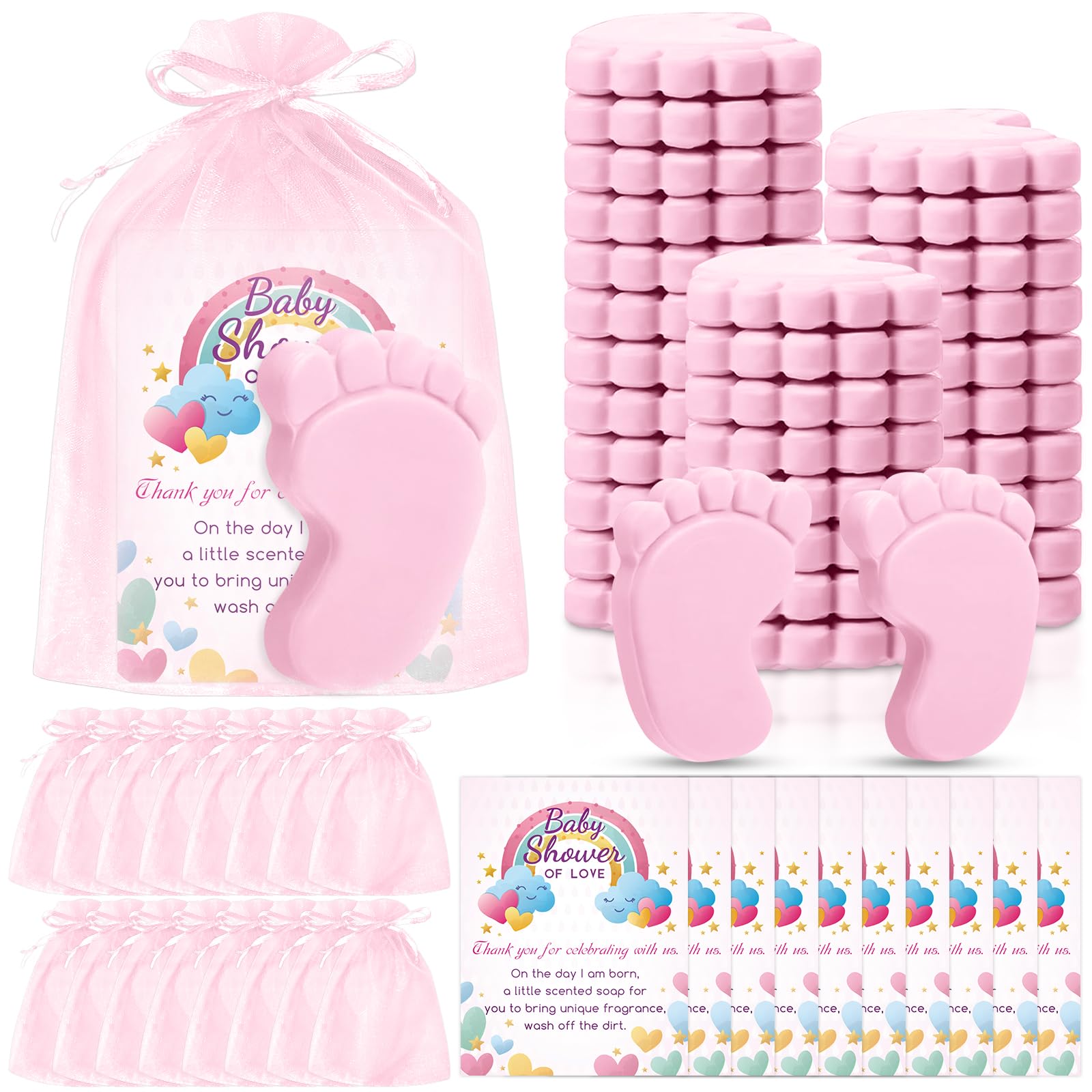 100 Sets Baby Shower Favors Refreshing Foot Soap Perfect Baby Shower Favors for Guests, Gifts, and Prizes with Organza Bags Thanks Cards (Pink)
