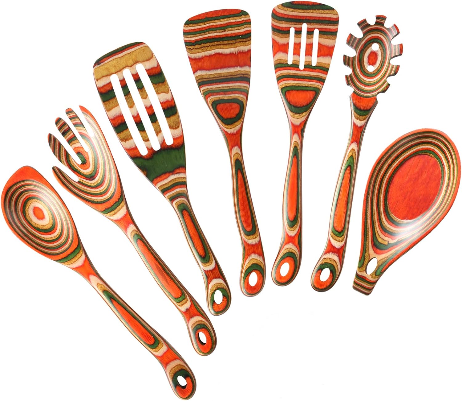 Kitchen Utensils Set for Cooking, NAYAHOSE 7 Pcs Pakkawood Wooden Cooking Spoons & Spatulas with Spoon Rest, Safe for Non-Stick Cookware, Housewarming Kitchen Souvenir (Colorful Spoon-7pcs)