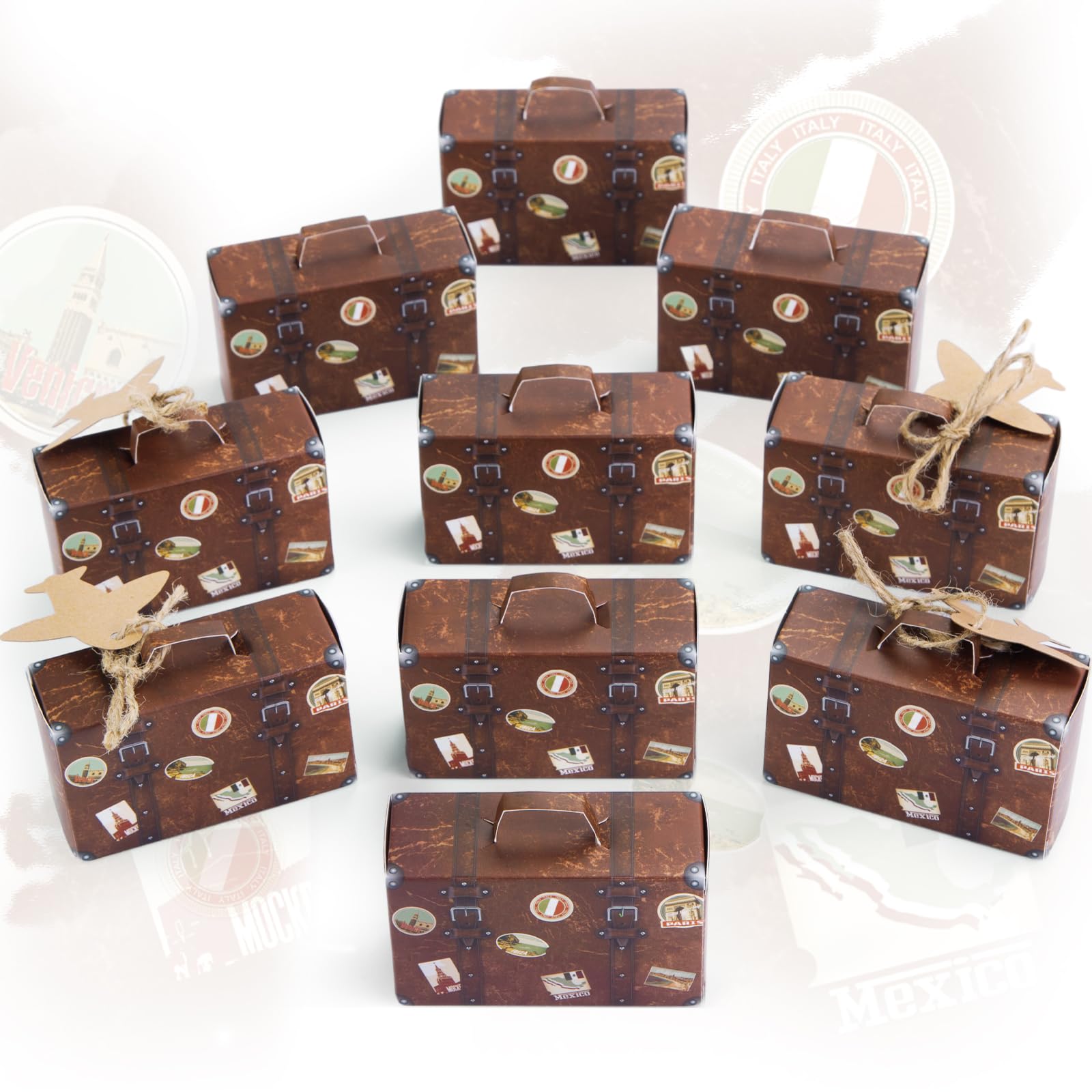 VGOODALL 50PCS Mini Suitcase Party Favor Box, 3"x2"x1.2" Little Luggage Candy Box with Tags for Travel Themed Party, Bridal Shower, Wedding Decorations