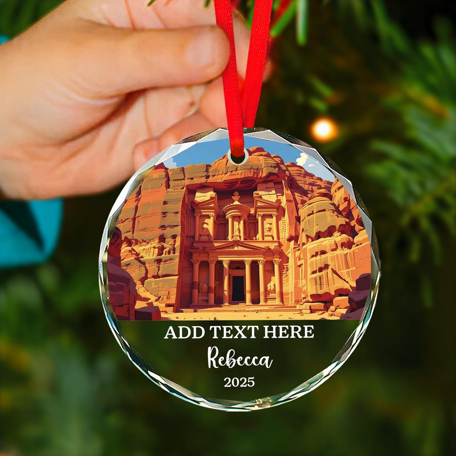 Petra Christmas Glass Ornament, Personalized Text & Name Petra Jordan Keepsake Gifts for Travel Lovers, Jordan Souvenir Glass Ornaments Xmas Tree Hanging, Custom Travelling Ornament Decoration 2025