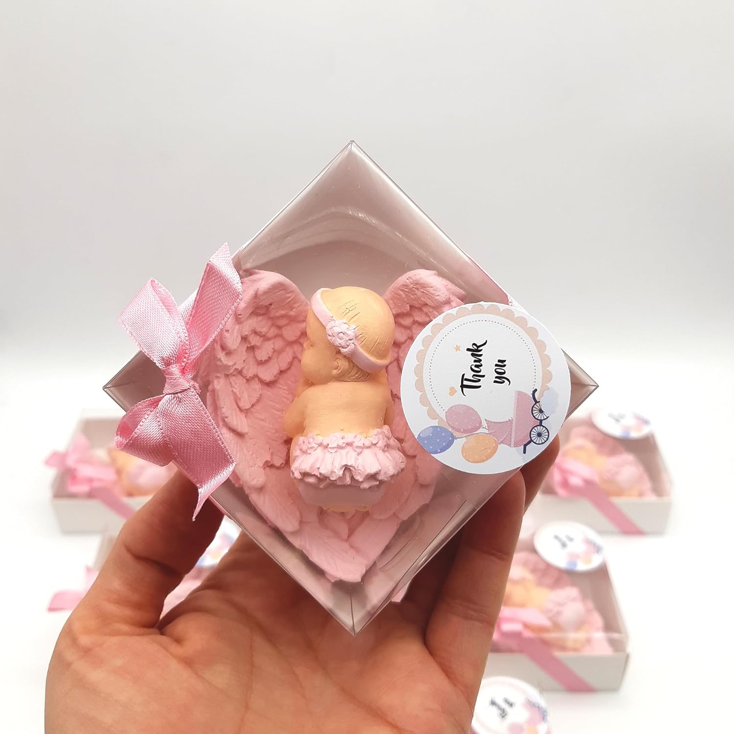 Pink Baby Shower Favor Set, 16 Stone Angel Magnets with Wings, Girl boy Gender Reveal Thank You Tags, Baptism & Communion Favors (Pink)