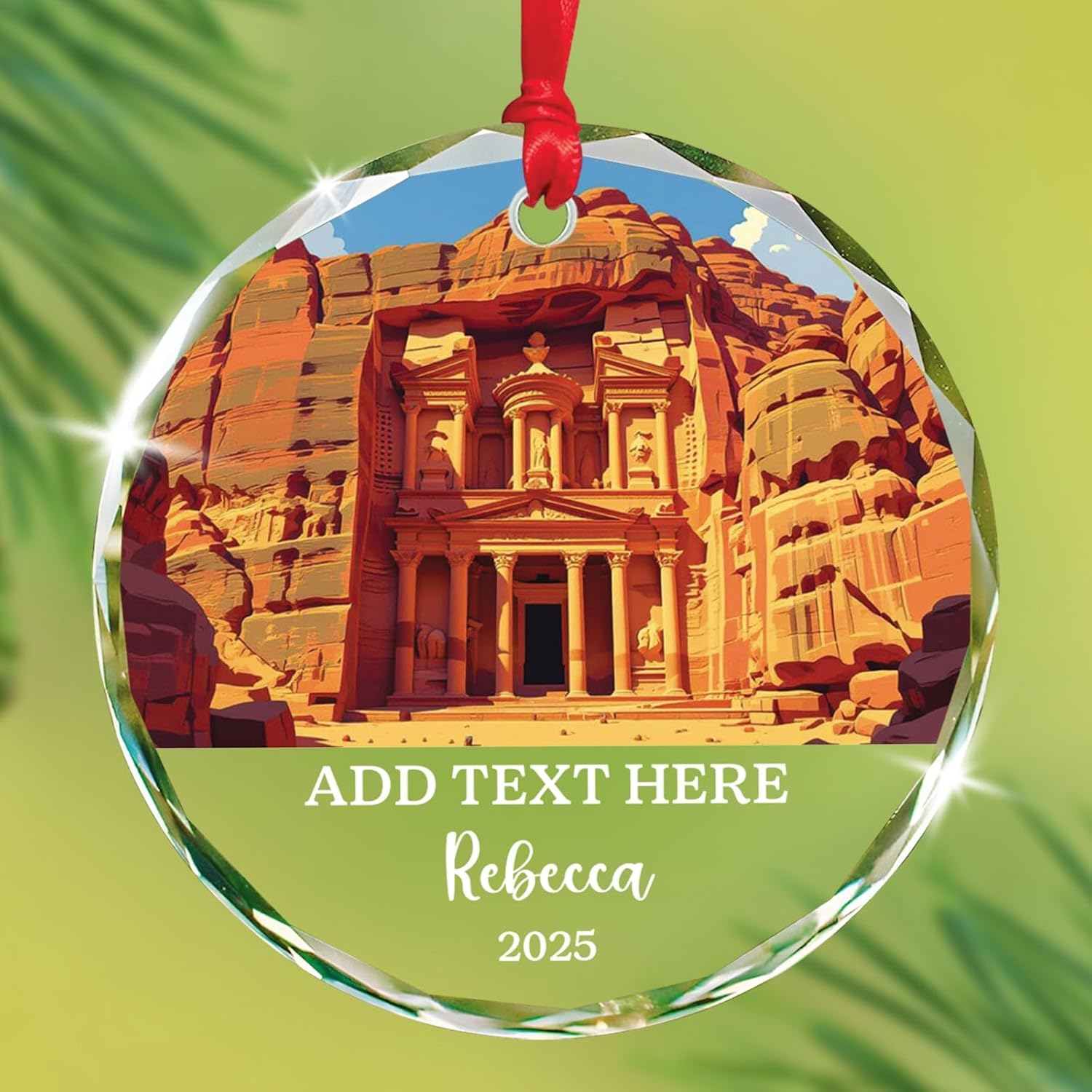 Petra Christmas Glass Ornament, Personalized Text & Name Petra Jordan Keepsake Gifts for Travel Lovers, Jordan Souvenir Glass Ornaments Xmas Tree Hanging, Custom Travelling Ornament Decoration 2025