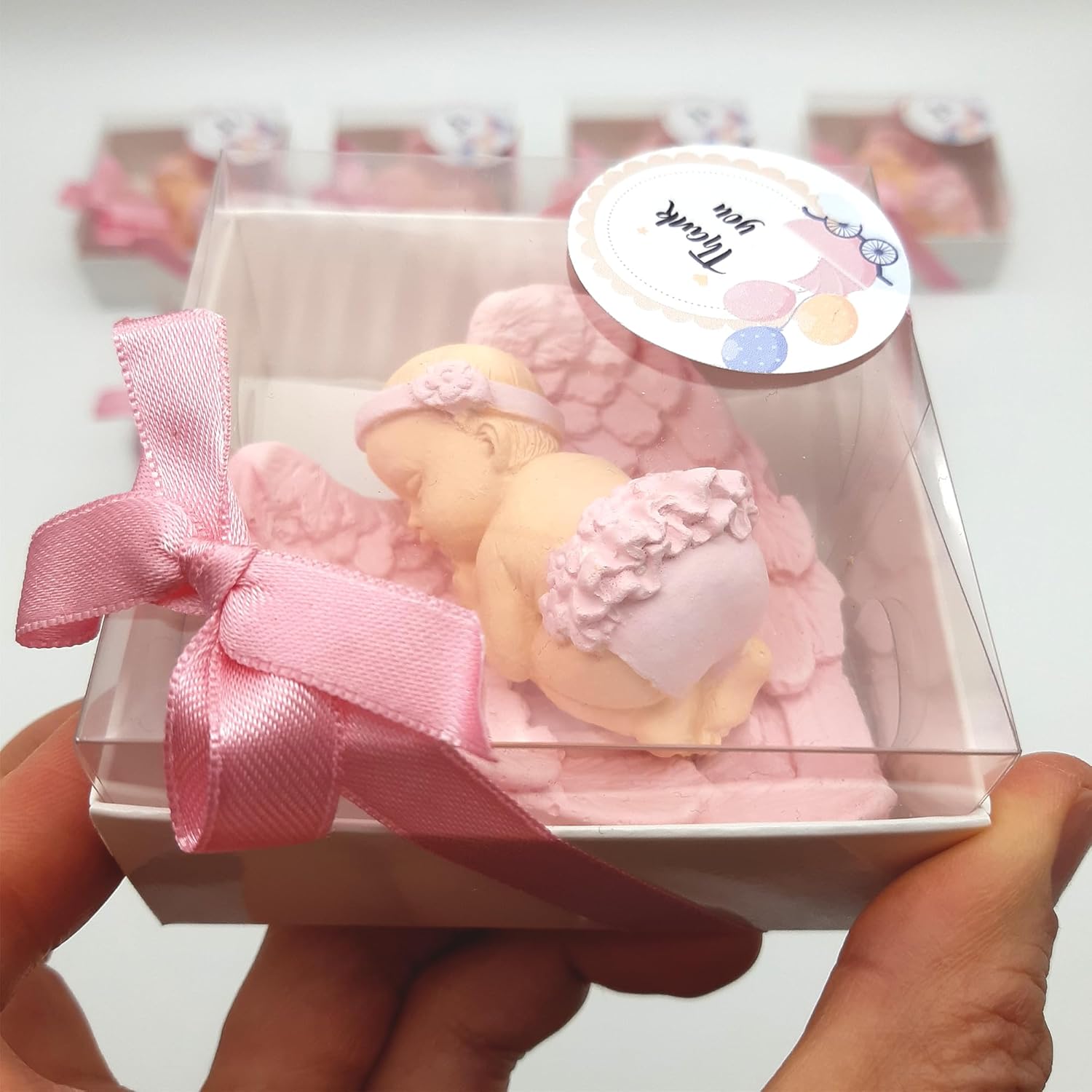Pink Baby Shower Favor Set, 16 Stone Angel Magnets with Wings, Girl boy Gender Reveal Thank You Tags, Baptism & Communion Favors (Pink)