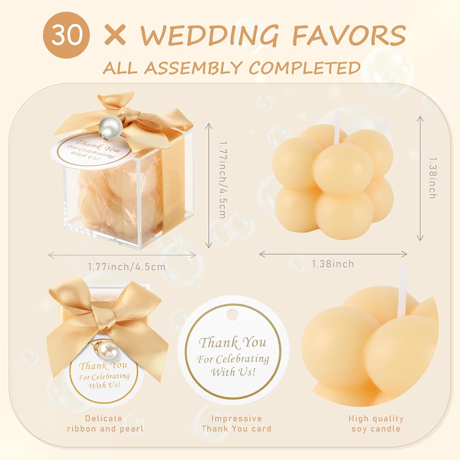 ACITHGL 30 Sets Fully Assembled Small Bubble Candle Party Favors for Guests Bulk Bridal Showers Favors Candles with Stylish Ribbons Thank You Cards Gifts (Champagne)