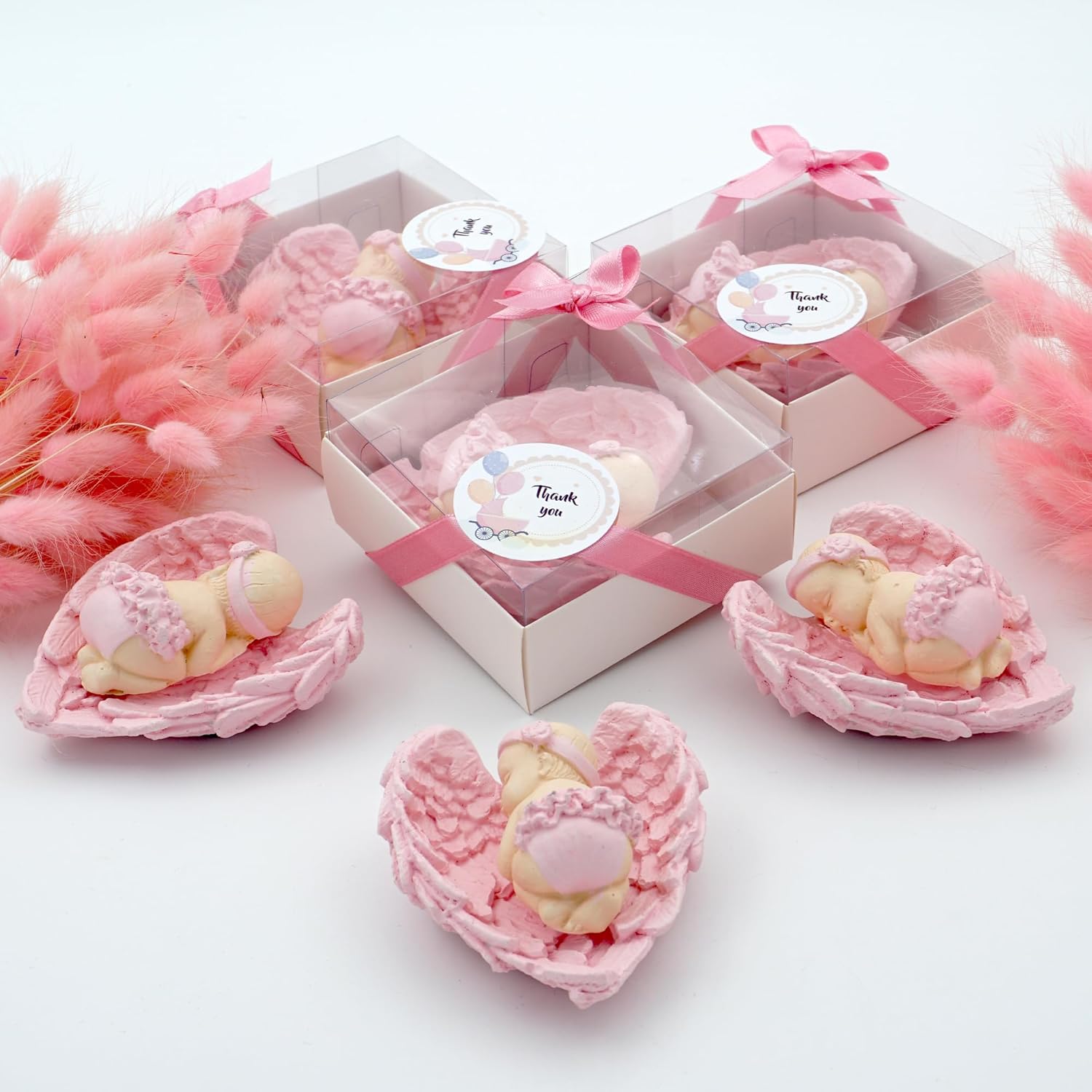 Pink Baby Shower Favor Set, 16 Stone Angel Magnets with Wings, Girl boy Gender Reveal Thank You Tags, Baptism & Communion Favors (Pink)