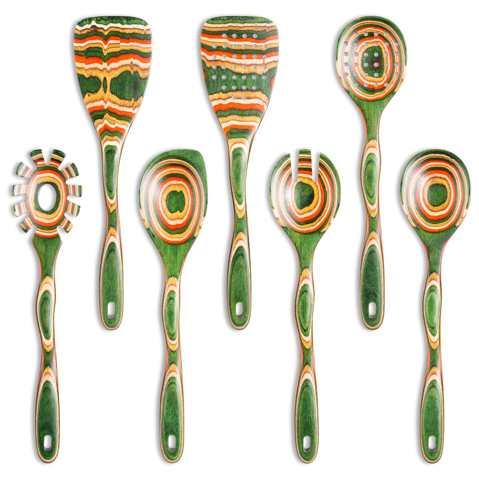 Kitchen Utensils Set for Cooking, NAYAHOSE 7 Pcs Pakkawood Wooden Cooking Spoons & Spatulas with Spoon Rest, Safe for Non-Stick Cookware, Housewarming Kitchen Souvenir (Colorful Spoon-7pcs)