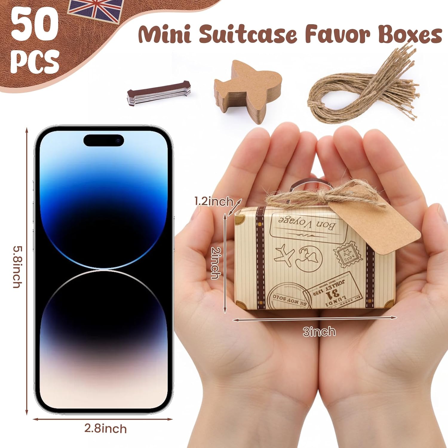 VGOODALL 50PCS Mini Suitcase Party Favor Box, 3"x2"x1.2" Little Luggage Candy Box with Tags for Travel Themed Party, Bridal Shower, Wedding Decorations