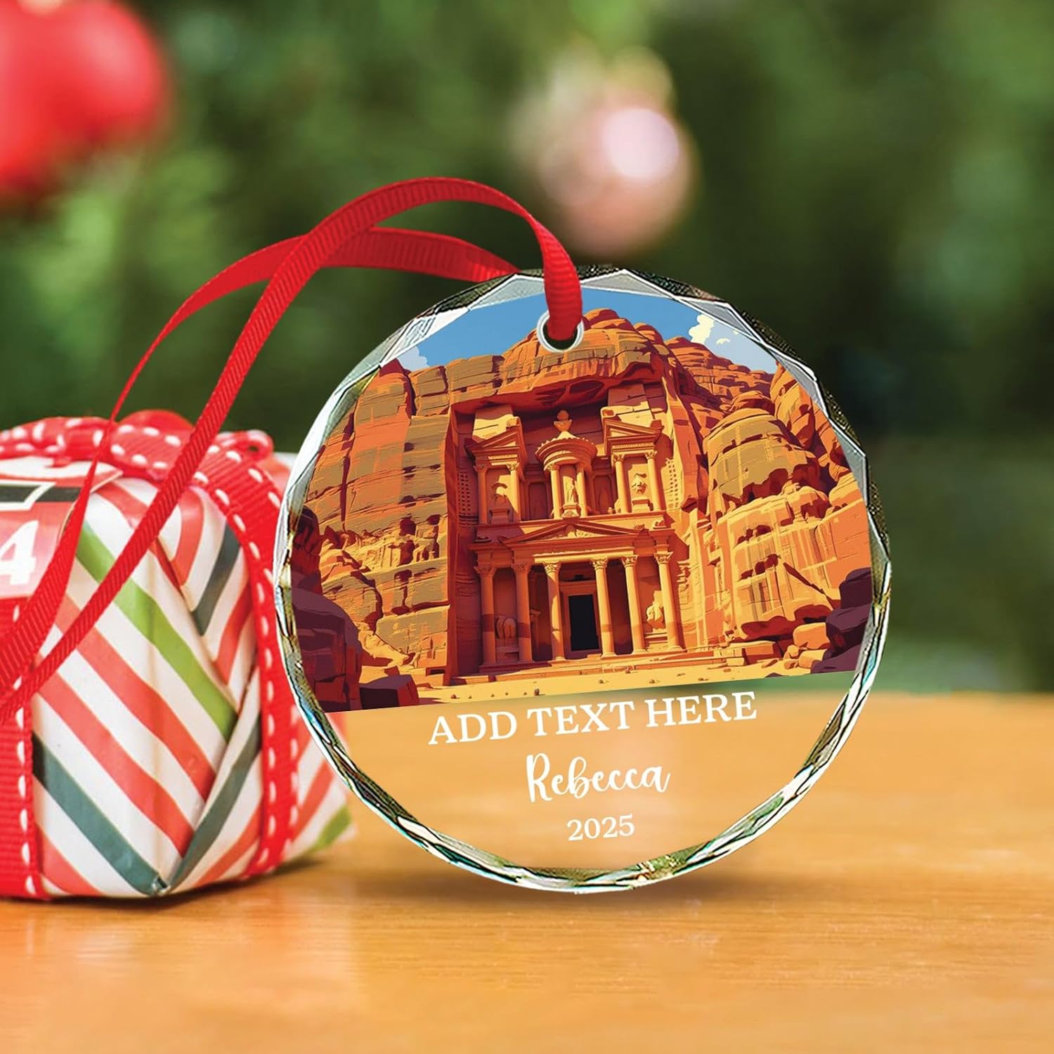 Petra Christmas Glass Ornament, Personalized Text & Name Petra Jordan Keepsake Gifts for Travel Lovers, Jordan Souvenir Glass Ornaments Xmas Tree Hanging, Custom Travelling Ornament Decoration 2025