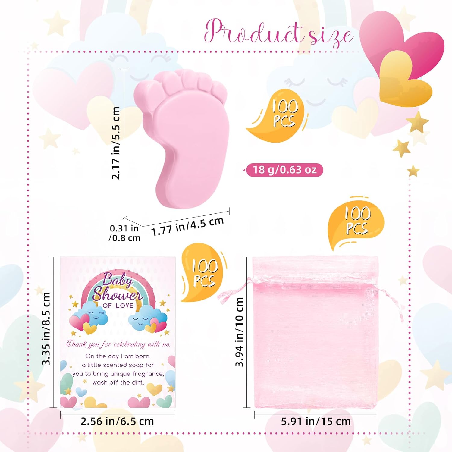 100 Sets Baby Shower Favors Refreshing Foot Soap Perfect Baby Shower Favors for Guests, Gifts, and Prizes with Organza Bags Thanks Cards (Pink)