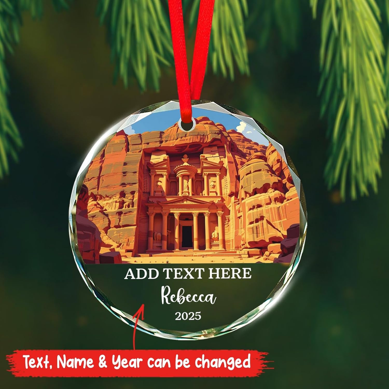 Petra Christmas Glass Ornament, Personalized Text & Name Petra Jordan Keepsake Gifts for Travel Lovers, Jordan Souvenir Glass Ornaments Xmas Tree Hanging, Custom Travelling Ornament Decoration 2025