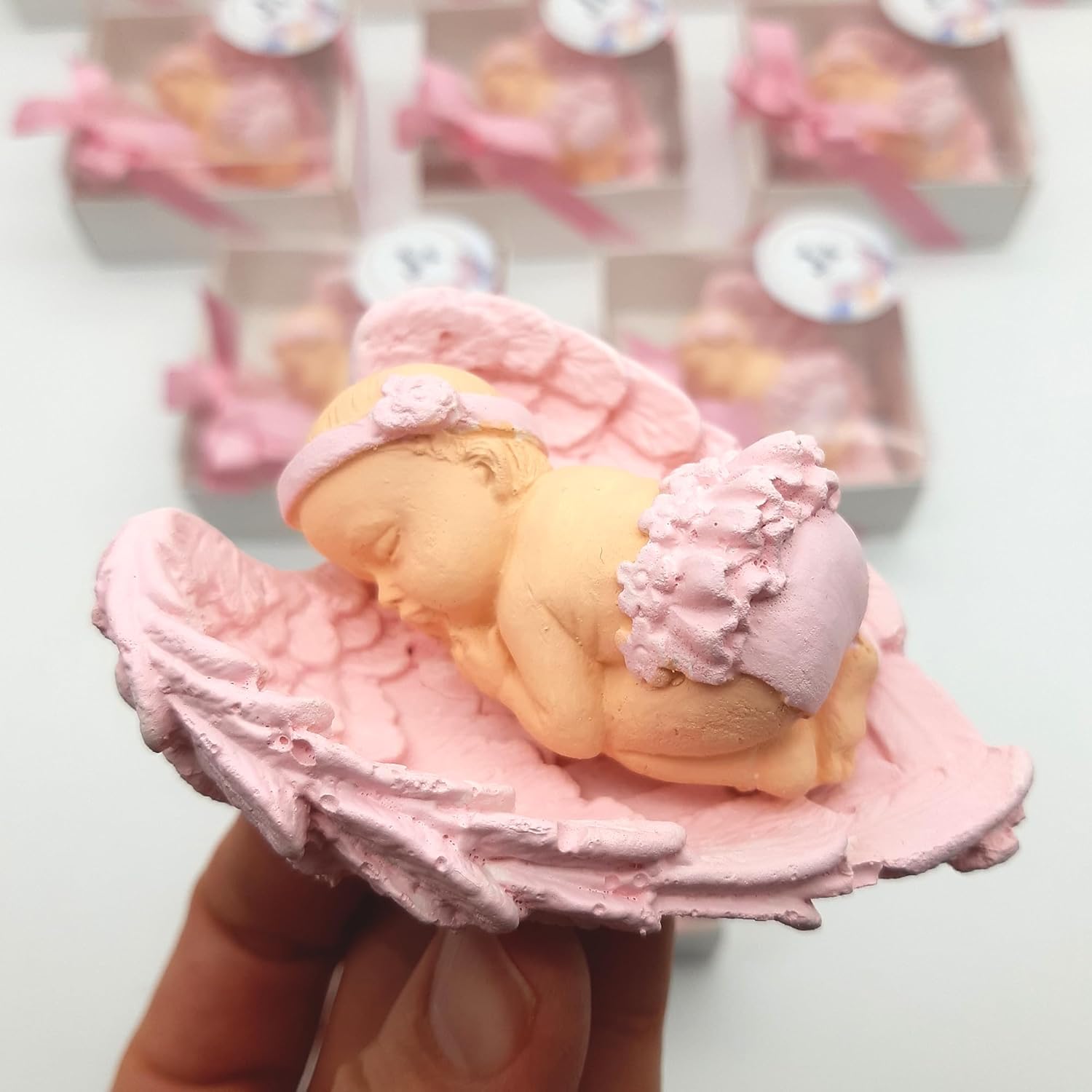 Pink Baby Shower Favor Set, 16 Stone Angel Magnets with Wings, Girl boy Gender Reveal Thank You Tags, Baptism & Communion Favors (Pink)