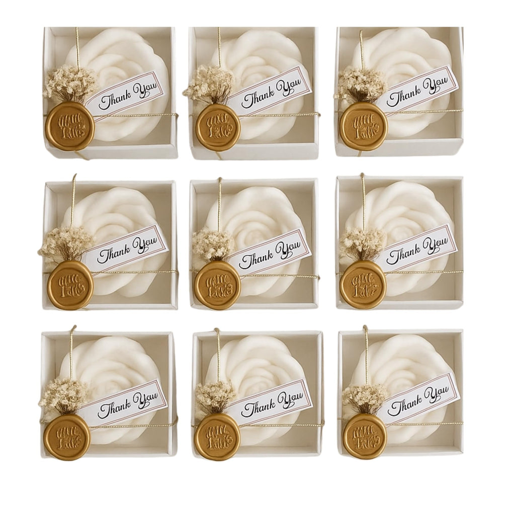 White Rose Petal Soy Wax Candles in Bulk - Scented Wedding Favor, Bridal Shower Baby Shower Birthday Gift - Dried Flower, Wax Stamp (50 Pieces)