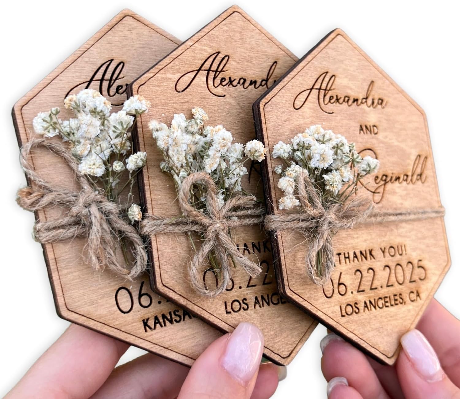 Wooden-Floral Personalized Wedding Favors for Guests, Wedding Party Favors Magnets with Envelopes and Stickers, Pack of 12 to 300