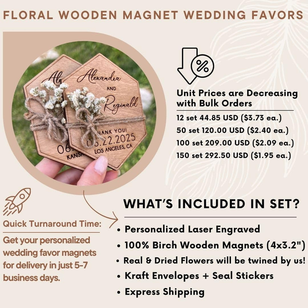 Wooden-Floral Personalized Wedding Favors for Guests, Wedding Party Favors Magnets with Envelopes and Stickers, Pack of 12 to 300