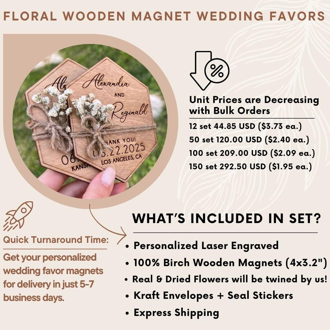 Wooden-Floral Personalized Wedding Favors for Guests, Wedding Party Favors Magnets with Envelopes and Stickers, Pack of 12 to 300