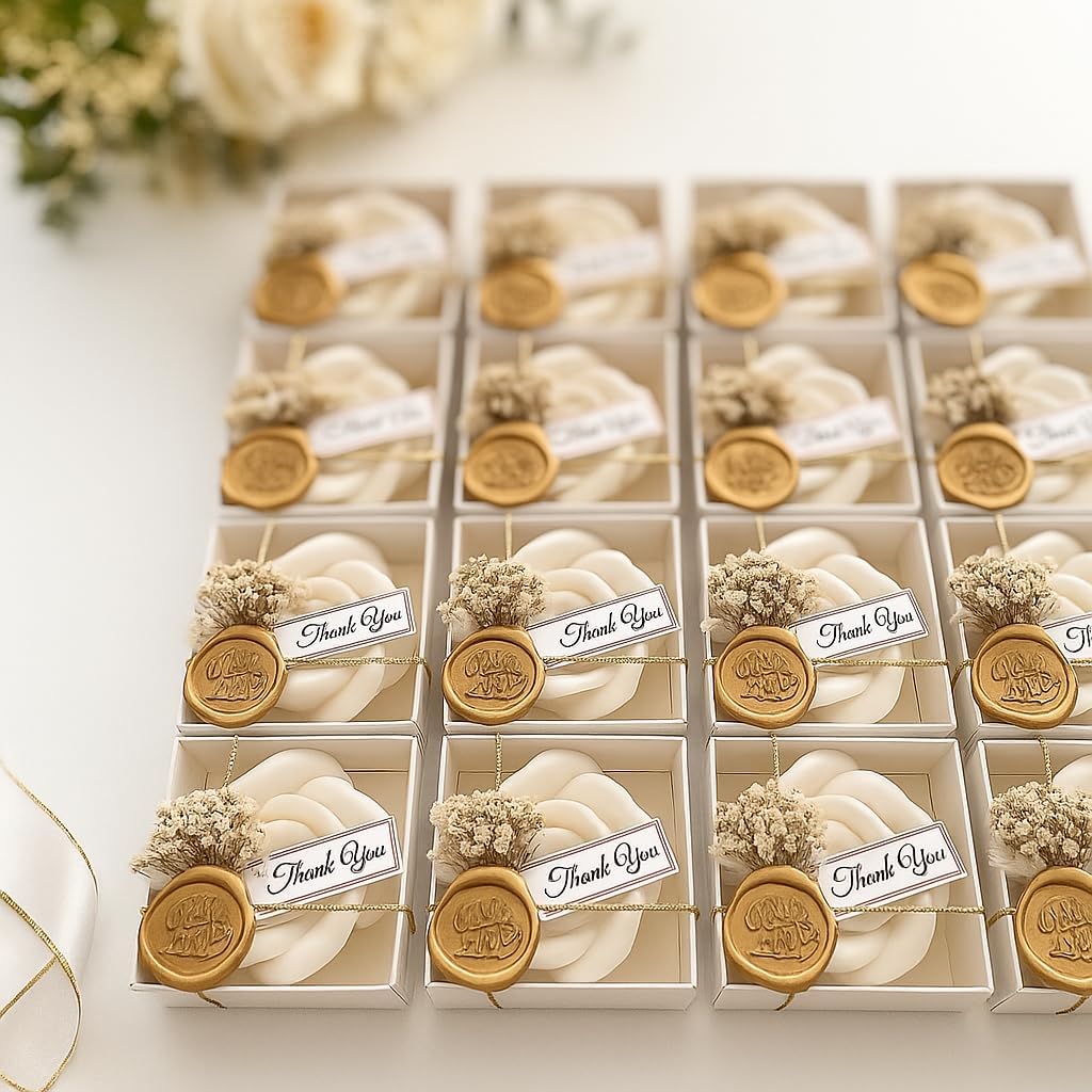 White Rose Petal Soy Wax Candles in Bulk - Scented Wedding Favor, Bridal Shower Baby Shower Birthday Gift - Dried Flower, Wax Stamp (90 Pieces)