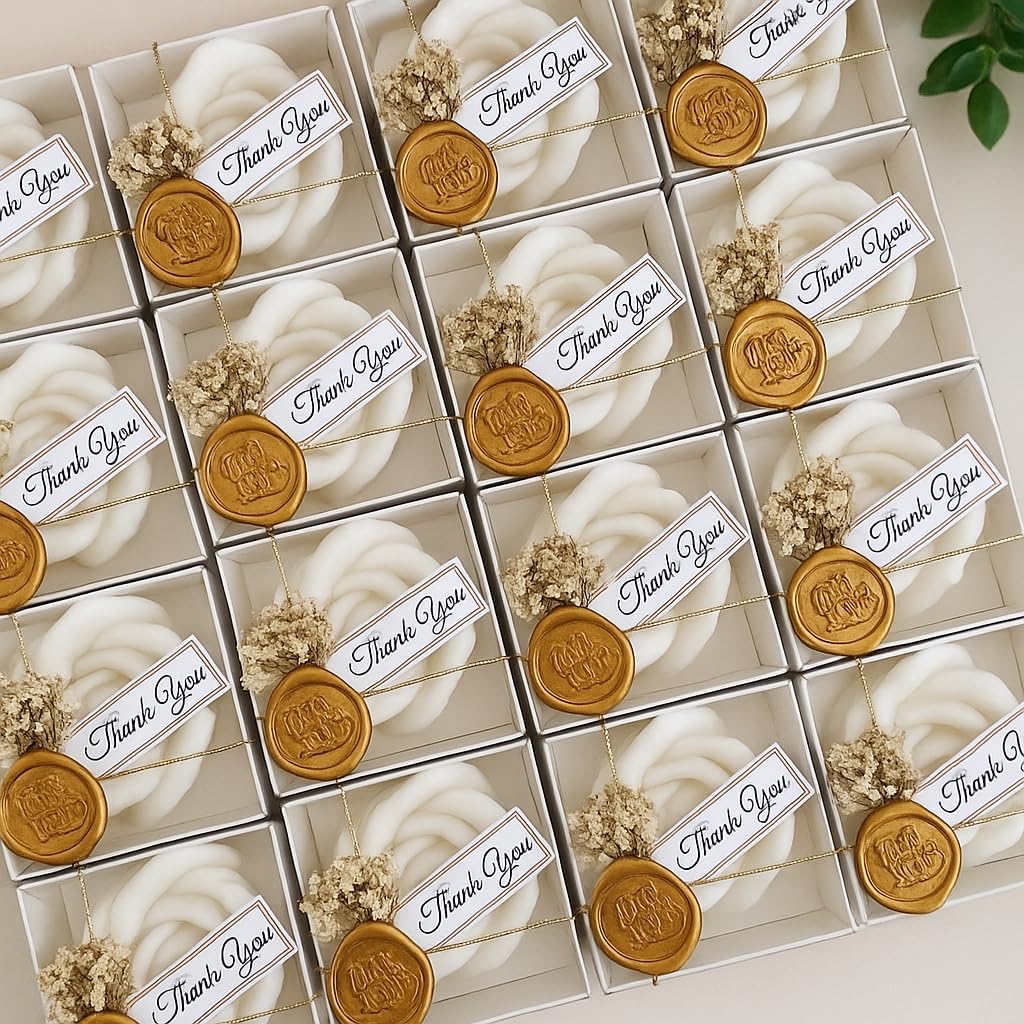 White Rose Petal Soy Wax Candles in Bulk - Scented Wedding Favor, Bridal Shower Baby Shower Birthday Gift - Dried Flower, Wax Stamp (90 Pieces)