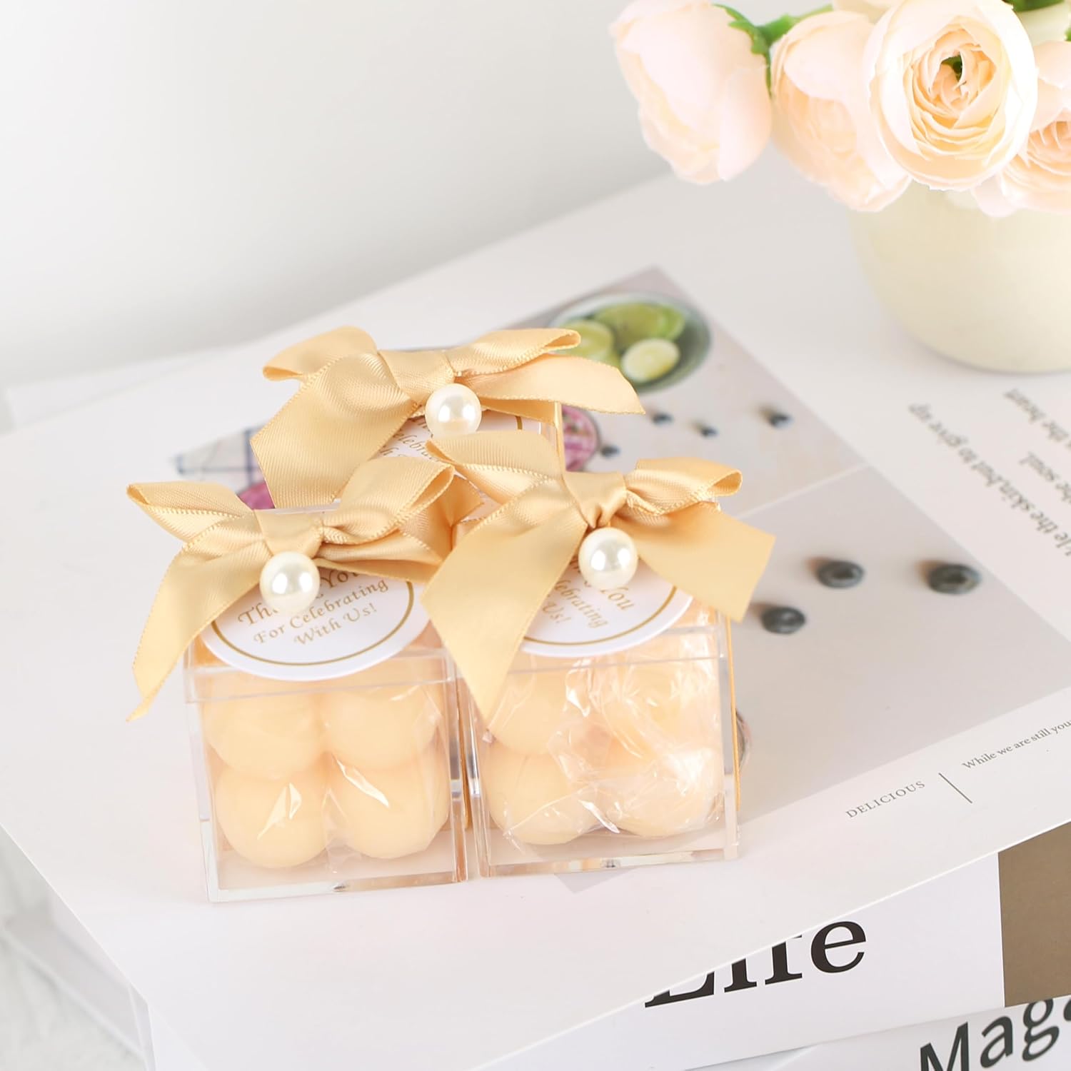 ACITHGL 30 Sets Fully Assembled Small Bubble Candle Party Favors for Guests Bulk Bridal Showers Favors Candles with Stylish Ribbons Thank You Cards Gifts (Champagne)
