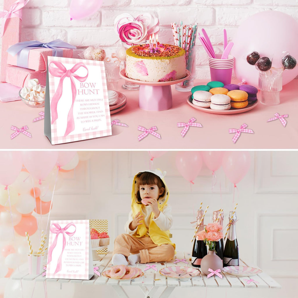 Pink Bow Baby Shower Decorations, Girl's Baby Shower with 50PCS Pink Bow Cards Kids' Party, Birthday Party Decorations, Party Favor & Decorations