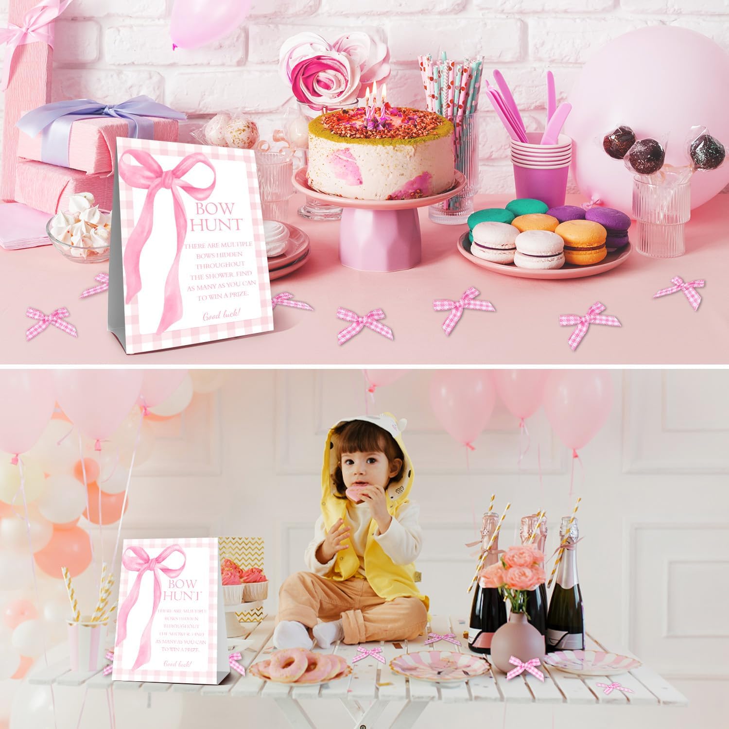 Pink Bow Baby Shower Decorations, Girl's Baby Shower with 50PCS Pink Bow Cards Kids' Party, Birthday Party Decorations, Party Favor & Decorations