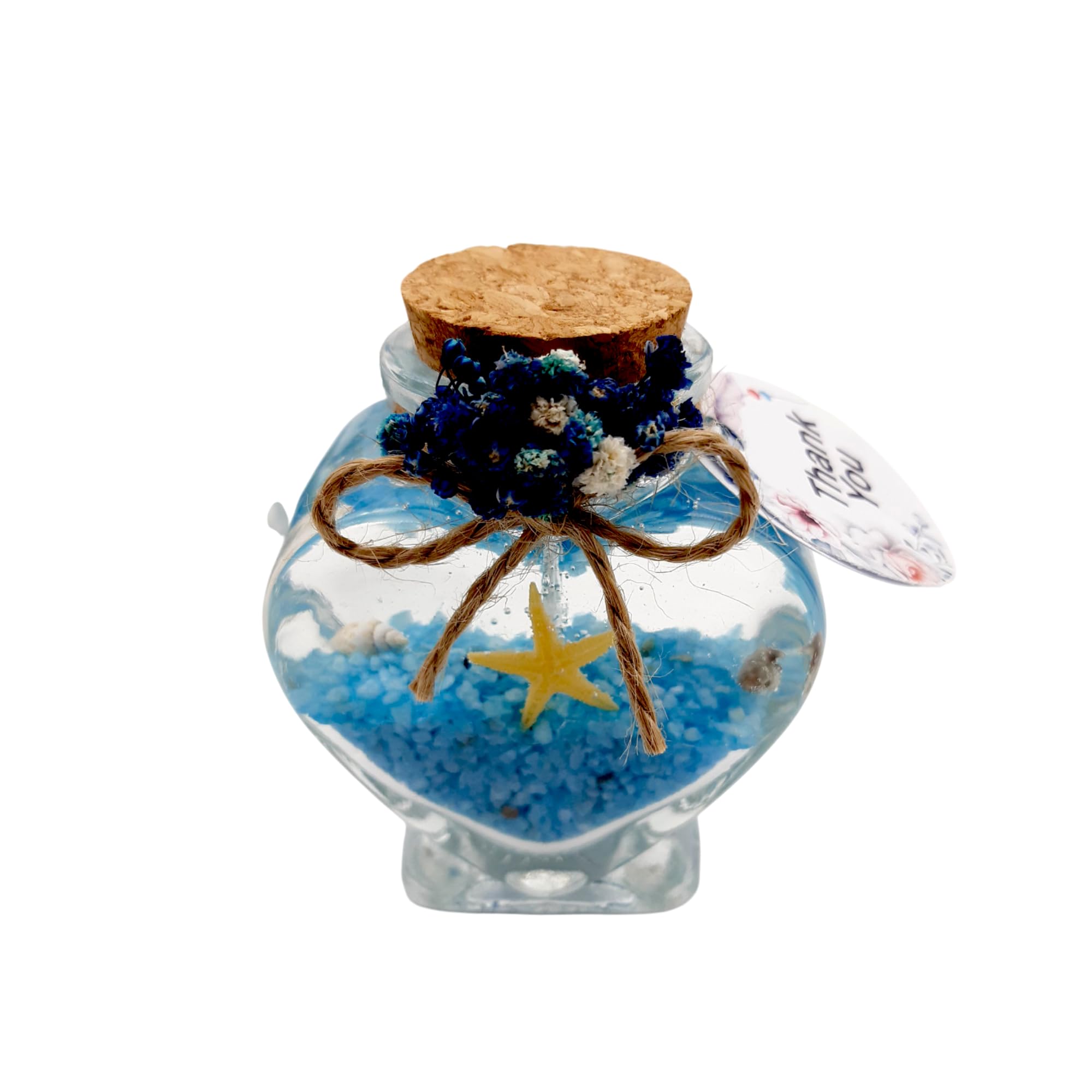 Wedding Favor guest Bulk, Set of Heart Glass Candle Party with custom sticker and dried flowers for guest in Bridal Party, Baby shower gifts (Blue Gel white sand, Set of 30)