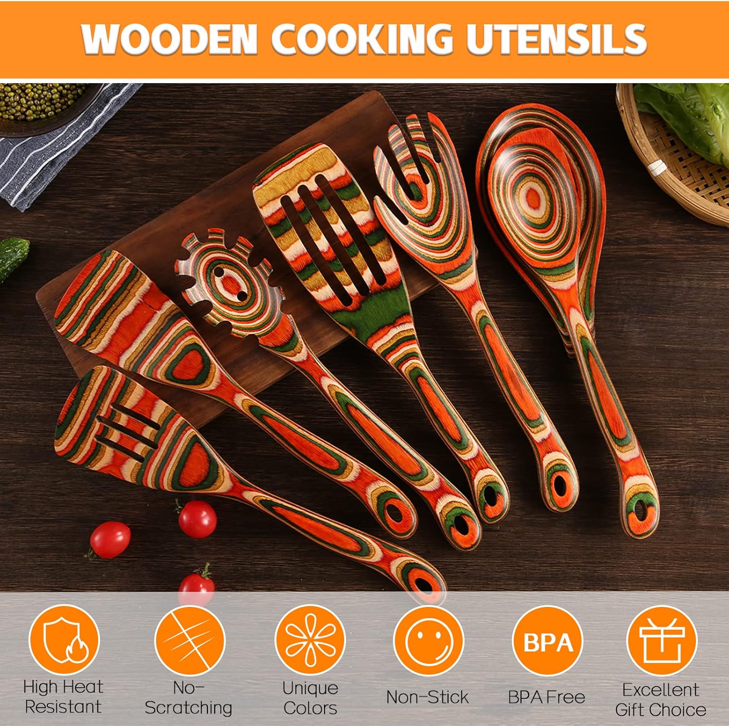 Kitchen Utensils Set for Cooking, NAYAHOSE 7 Pcs Pakkawood Wooden Cooking Spoons & Spatulas with Spoon Rest, Safe for Non-Stick Cookware, Housewarming Kitchen Souvenir (Colorful Spoon-7pcs)