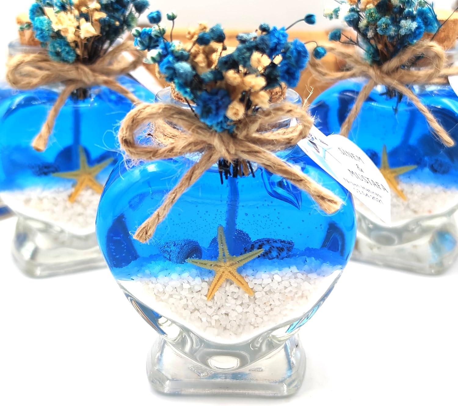 Wedding Favor guest Bulk, Set of Heart Glass Candle Party with custom sticker and dried flowers for guest in Bridal Party, Baby shower gifts (Blue Gel white sand, Set of 30)