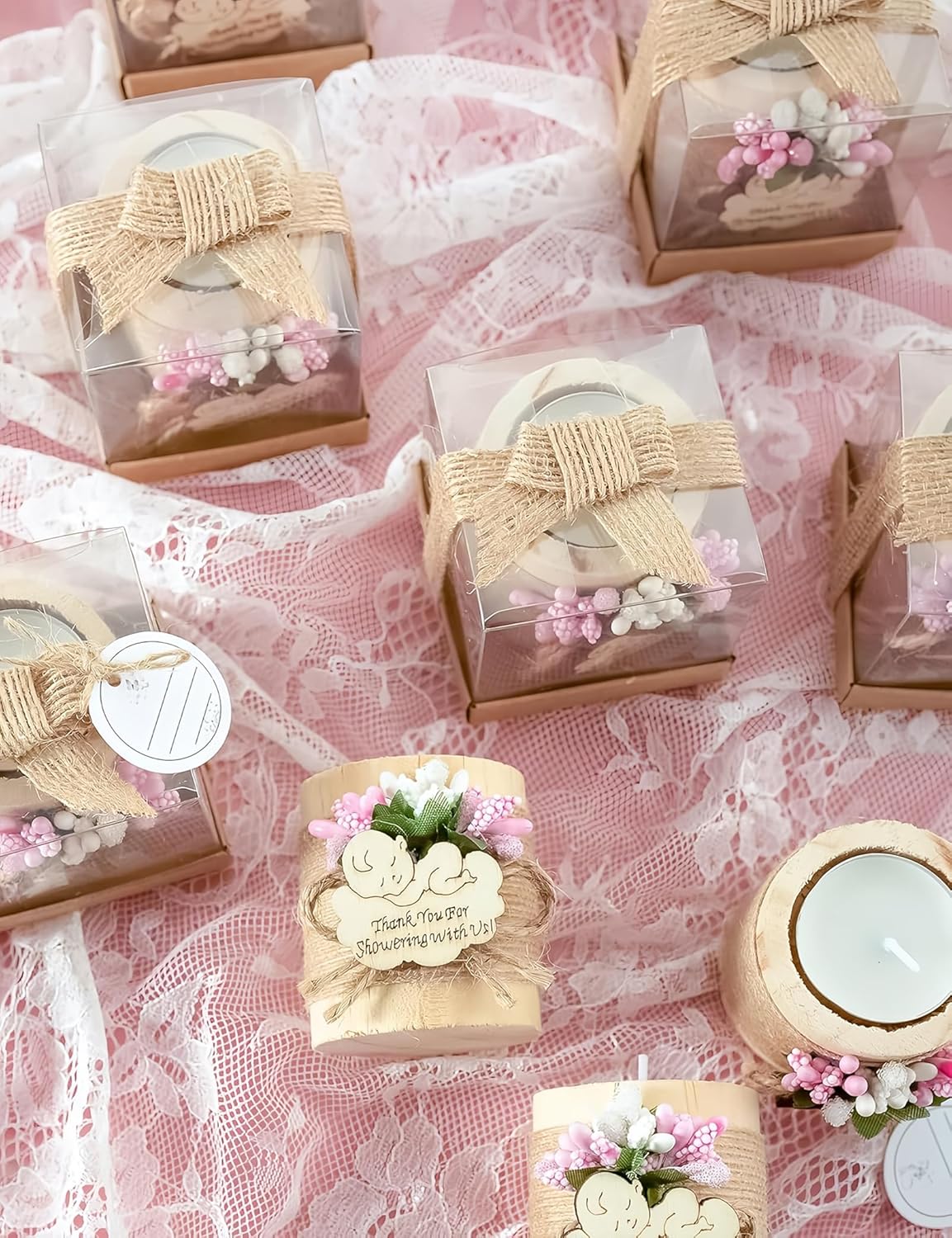 50 Piece Set Wooden Tealight Candle Holder, Baby Shower Party Favors, Party Favors for Guests, Return Gift for Guests,Girl Baby Gender Reveal.(Pink)
