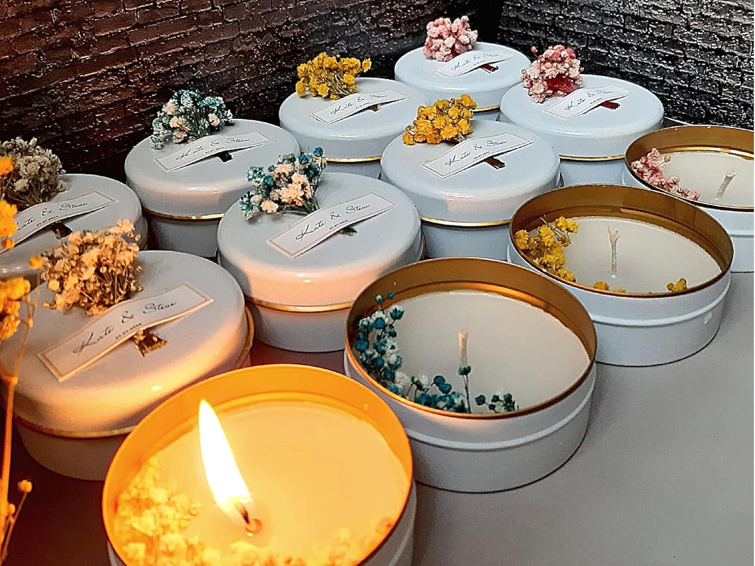 Personalized Natural Soy Wax Wedding Favor Candle Gift Set for Guest - Fall Winter Christmas Custom Dried Flower Bridal Baby Shower Gifts in Bulk (100 Pieces, White Flower)