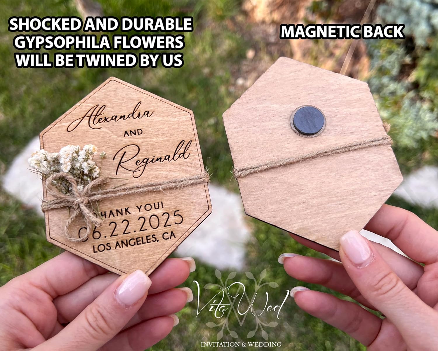 Wooden-Floral Personalized Wedding Favors for Guests, Wedding Party Favors Magnets with Envelopes and Stickers, Pack of 12 to 300