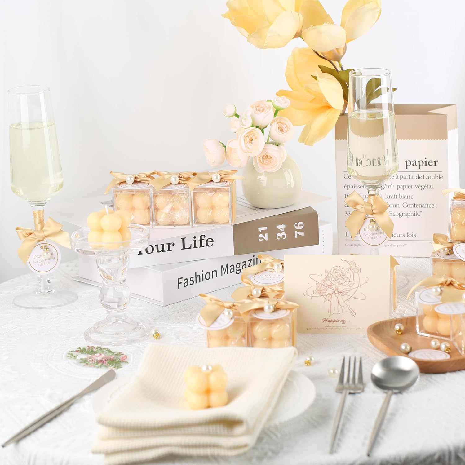 ACITHGL 30 Sets Fully Assembled Small Bubble Candle Party Favors for Guests Bulk Bridal Showers Favors Candles with Stylish Ribbons Thank You Cards Gifts (Champagne)