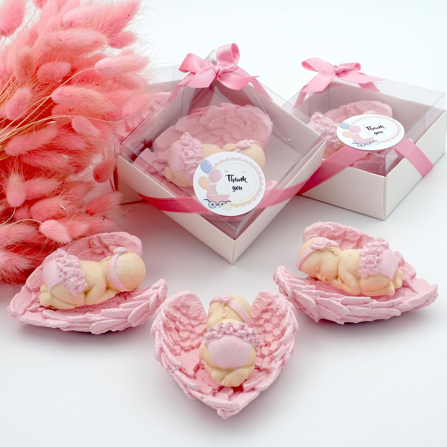 Pink Baby Shower Favor Set, 16 Stone Angel Magnets with Wings, Girl boy Gender Reveal Thank You Tags, Baptism & Communion Favors (Pink)