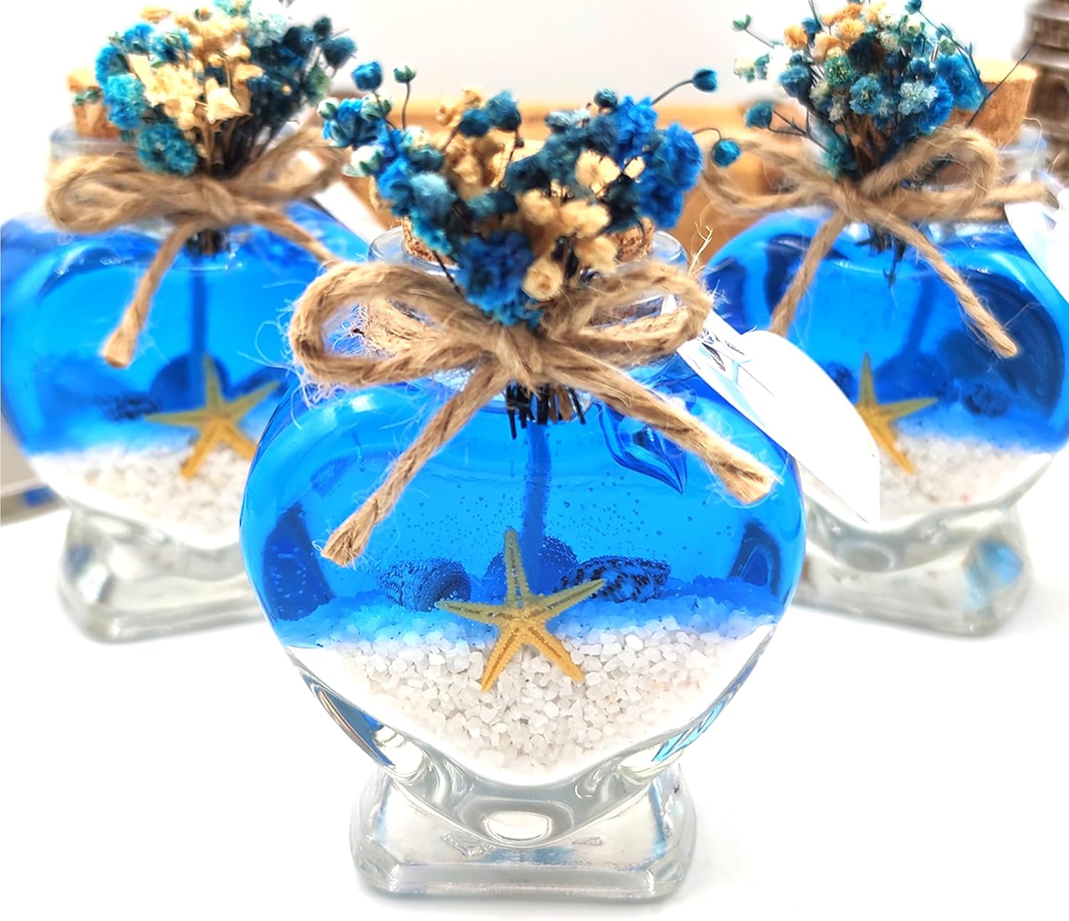 Wedding Favor guest Bulk, Set of Heart Glass Candle Party with custom sticker and dried flowers for guest in Bridal Party, Baby shower gifts (Blue Gel white sand, Set of 30)