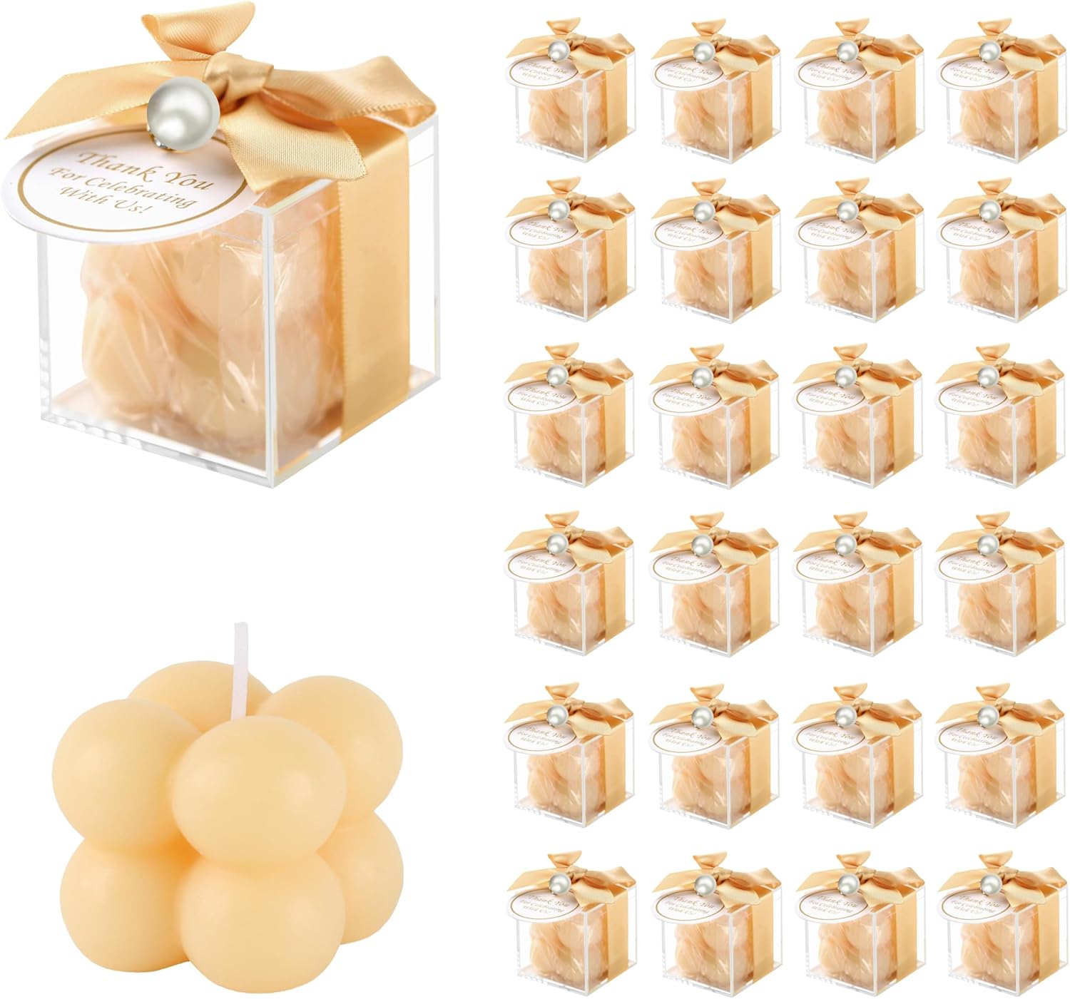 ACITHGL 30 Sets Fully Assembled Small Bubble Candle Party Favors for Guests Bulk Bridal Showers Favors Candles with Stylish Ribbons Thank You Cards Gifts (Champagne)