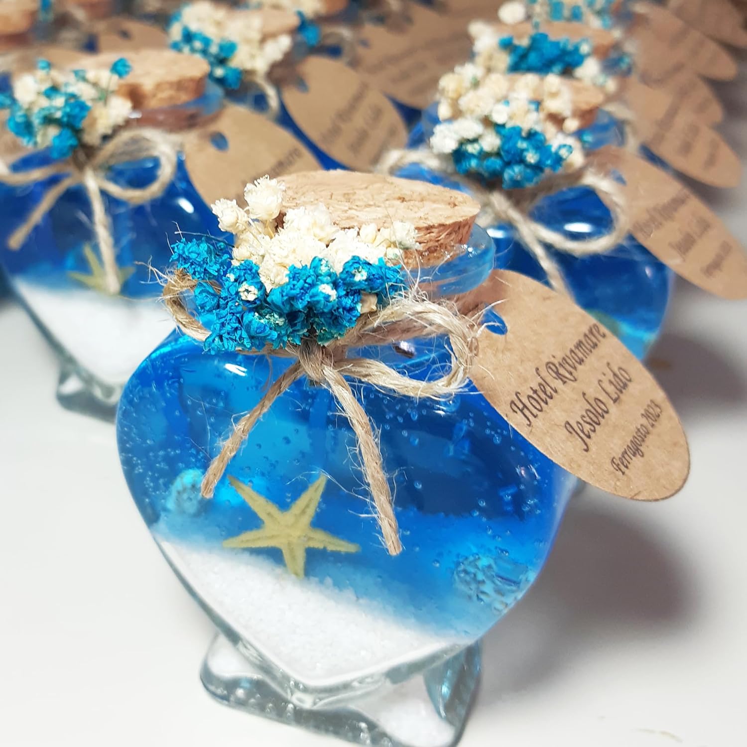 Wedding Favor guest Bulk, Set of Heart Glass Candle Party with custom sticker and dried flowers for guest in Bridal Party, Baby shower gifts (Blue Gel white sand, Set of 30)