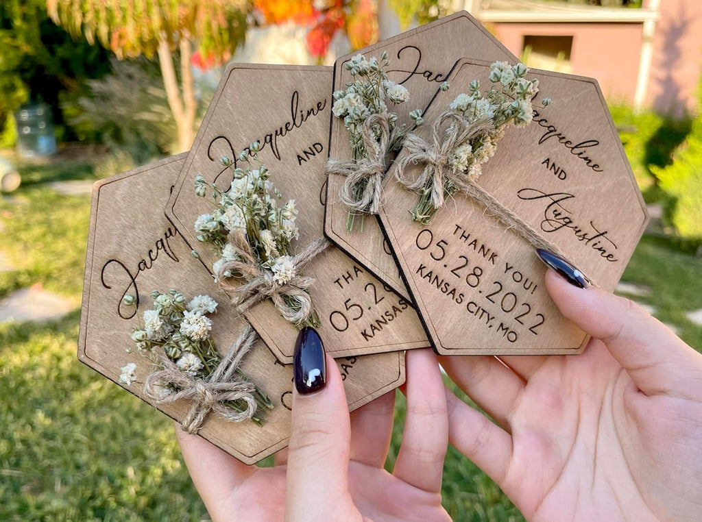 Wooden-Floral Personalized Wedding Favors for Guests, Wedding Party Favors Magnets with Envelopes and Stickers, Pack of 12 to 300