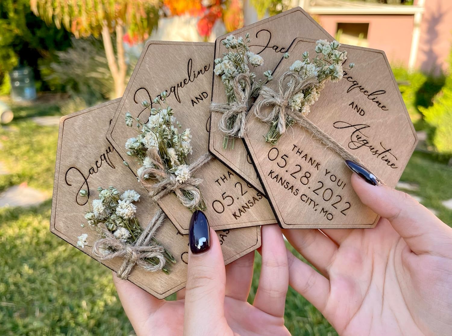 Wooden-Floral Personalized Wedding Favors for Guests, Wedding Party Favors Magnets with Envelopes and Stickers, Pack of 12 to 300
