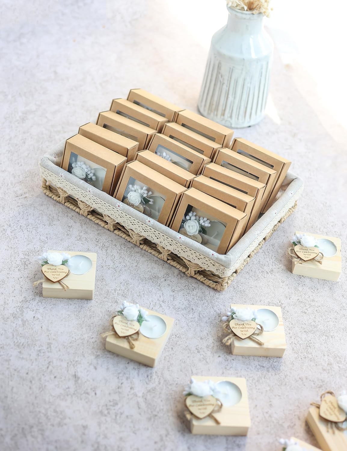 50 Piece Set of Wooden Tealight Candle Holders, for Wedding Favors,Bridal Shower,Wedding Favors for Guest, Bridal Christening, Rustic Birthday Party Favors. (Pack of 50, Light Brown)