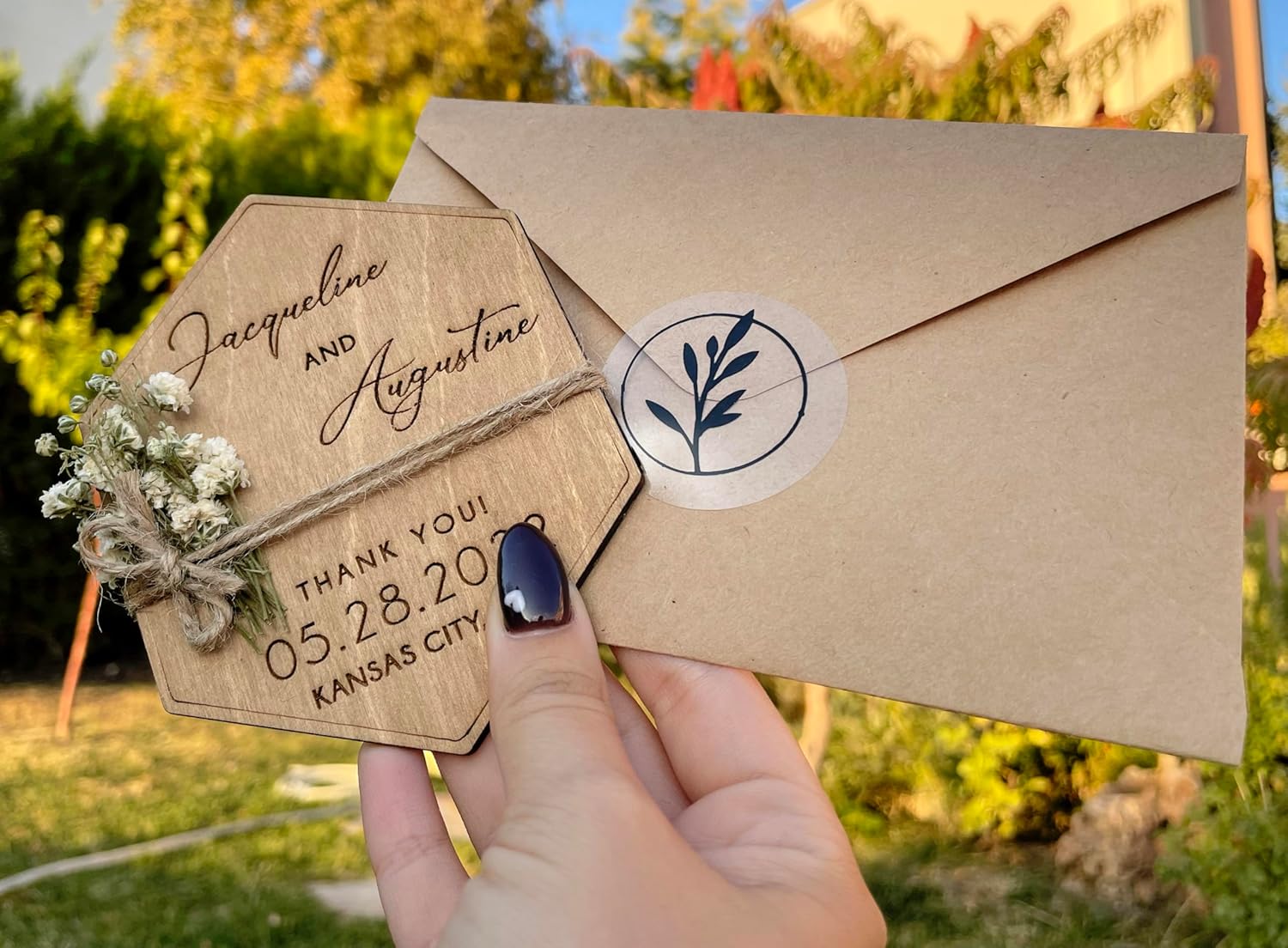 Wooden-Floral Personalized Wedding Favors for Guests, Wedding Party Favors Magnets with Envelopes and Stickers, Pack of 12 to 300